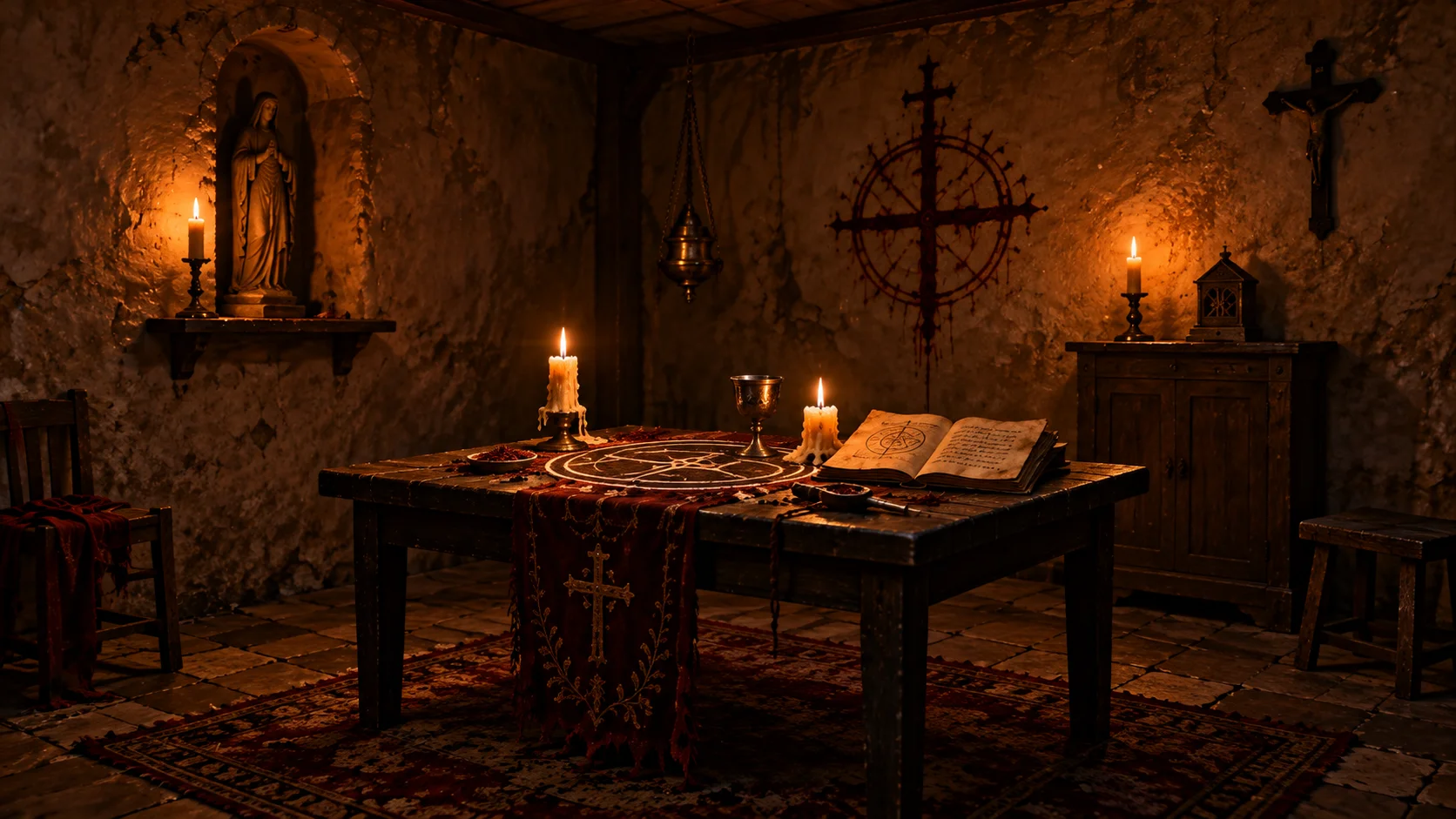 Mesa con un libro abierto y velas en una habitación de ambientación religiosa
